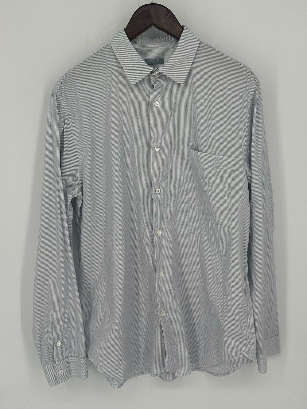 Sunspel England Men’s Button Front Shirt Large White Striped Long Sleeve